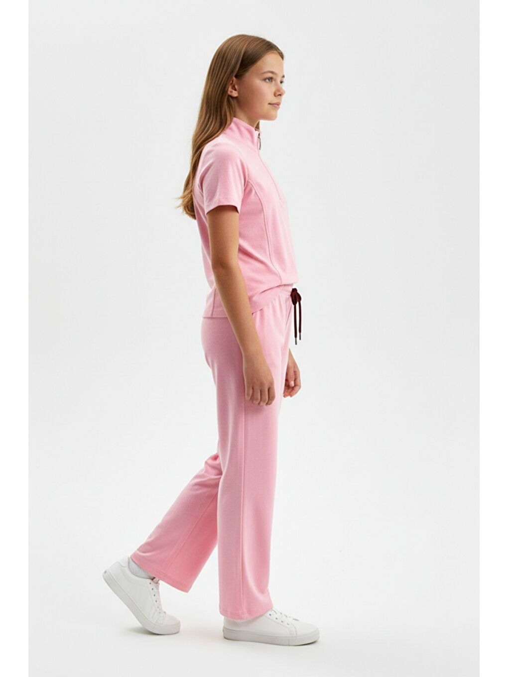 Pembe Kız Çocuk 2'li Takım Dik Yaka Yarım Fermuar Kısa Kollu Nakışlı Tişört & Beli Lastikli Bol Paça Bağl-1