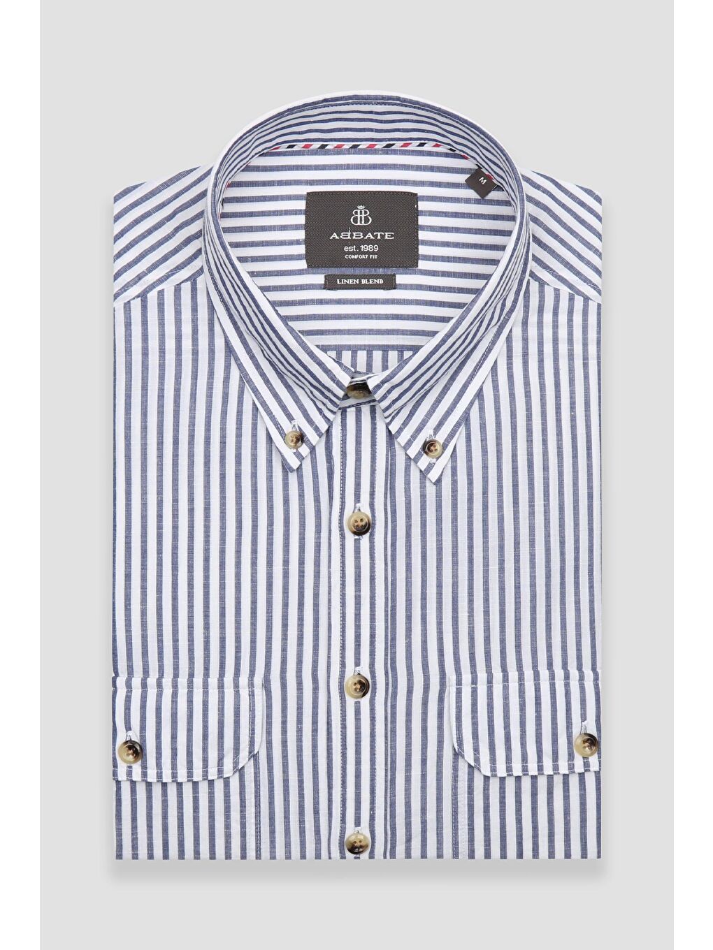 Alba Keten Pamuk Keten Karışımlı Comfort Fit Lacivert Düğmeli Yaka Erkek Çizgili Gömlek-4
