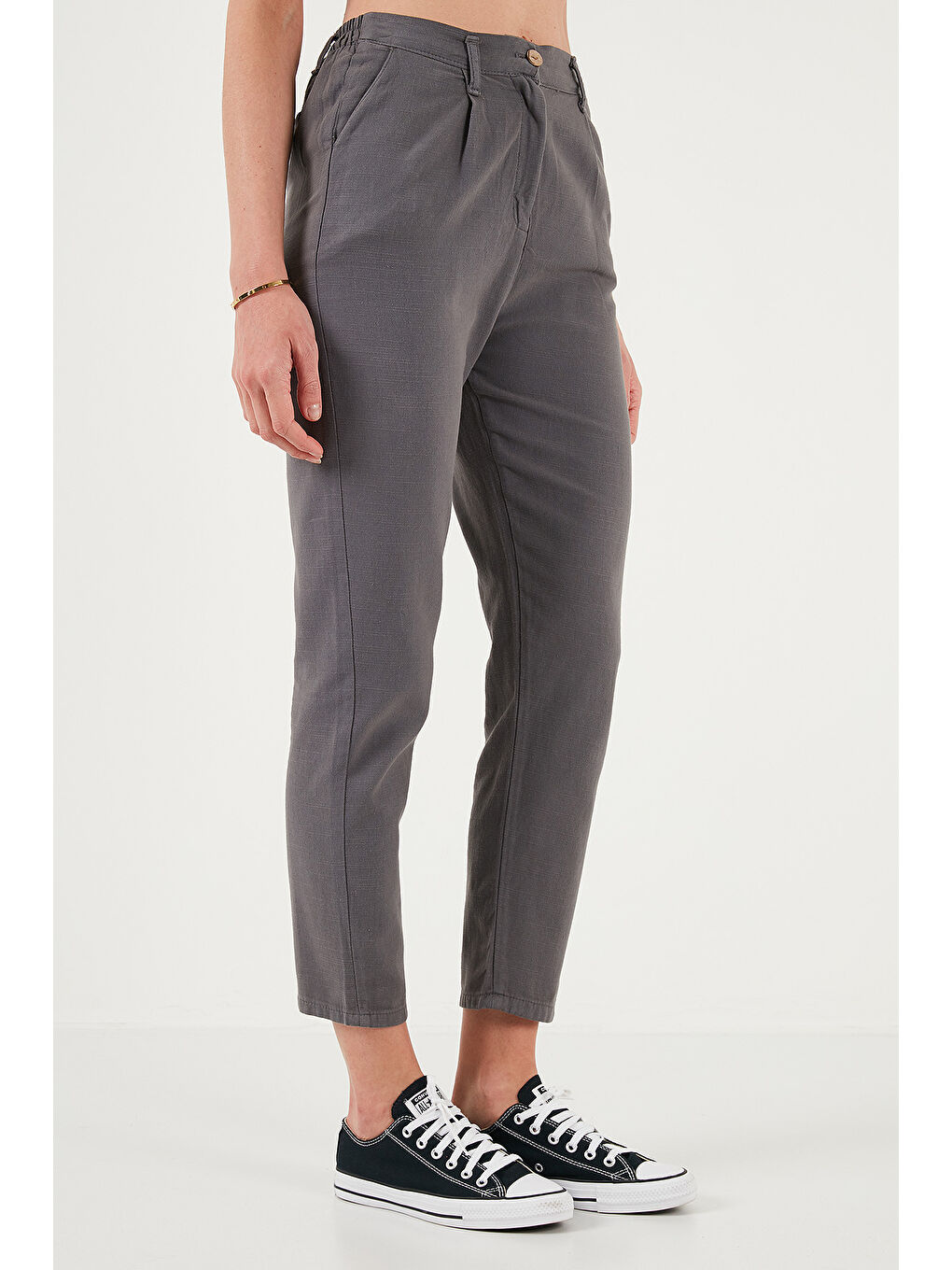 Antrasit Pamuklu Slim Fit Normal Bel Düz Paça Kadın Pantolon 668Y5121-2