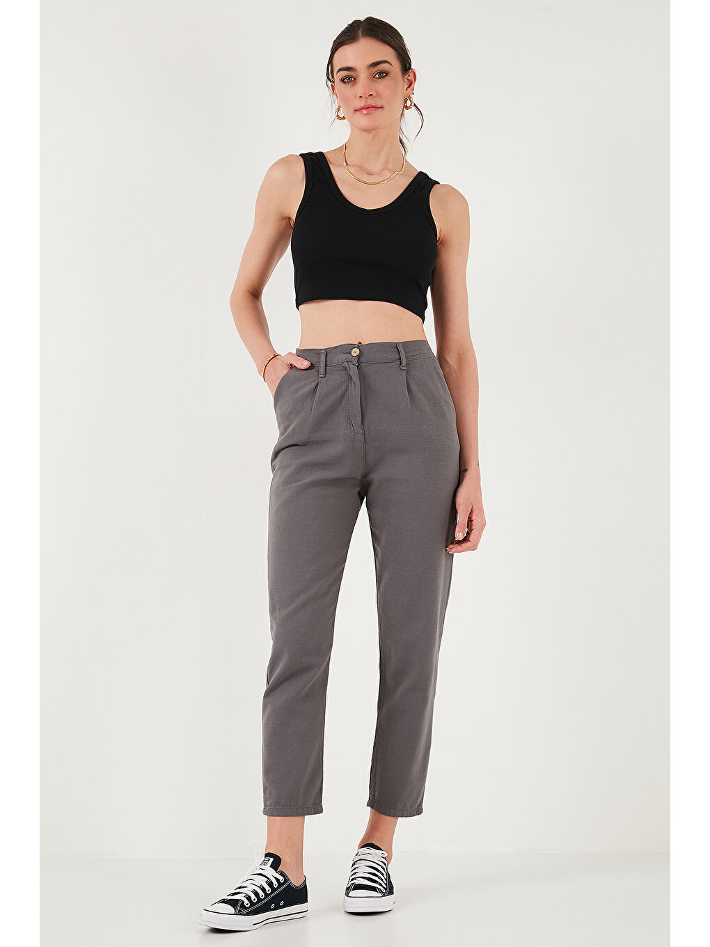 Antrasit Pamuklu Slim Fit Normal Bel Düz Paça Kadın Pantolon 668Y5121-3