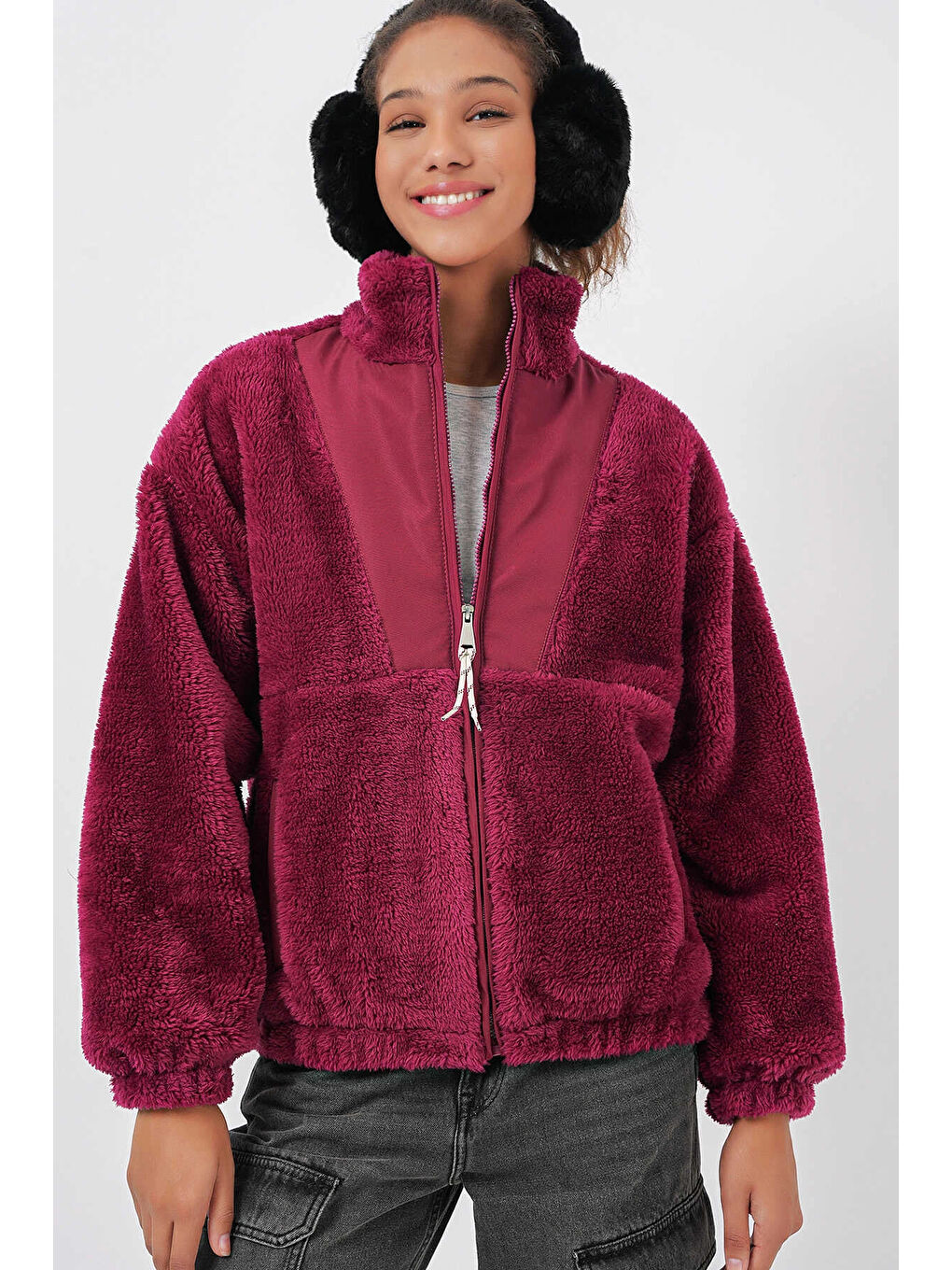 Kadın Bordo Baskılı Fermuarlı Suni Yünlü Astarlı Pelüş Ceket HZL25W BD151941-1