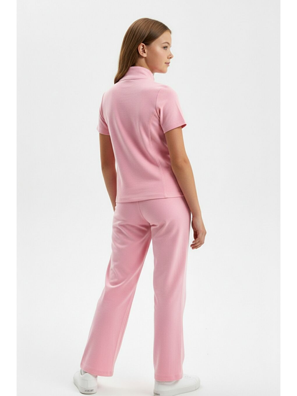 Pembe Kız Çocuk 2'li Takım Dik Yaka Yarım Fermuar Kısa Kollu Nakışlı Tişört & Beli Lastikli Bol Paça Bağl-2