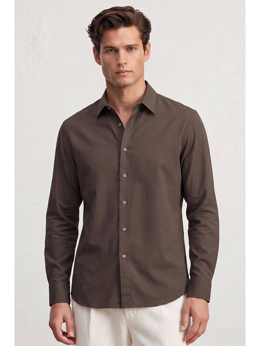 Kahverengi Erkek Kahve Normal Kesim Regular Fit %100 Pamuk Gabardin Uzun Kollu Klasik Yaka Gömlek
