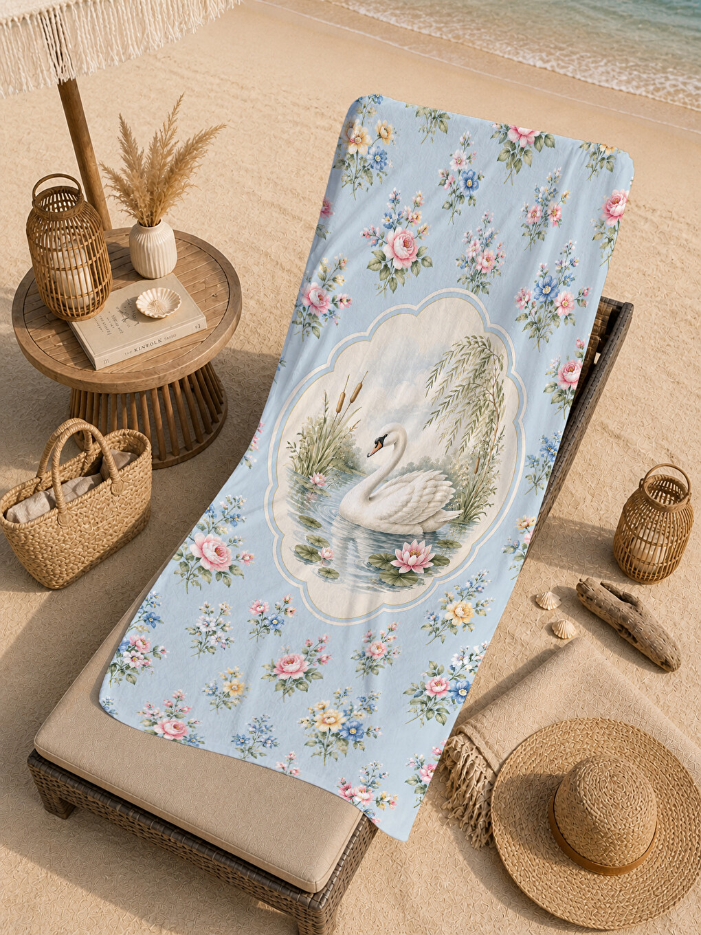 Pembe Romantik Kuğu Çiçekli Madalyon Desenli 70x150 Plaj Havlusu - Dijital Baskılı Banyo Havlusu