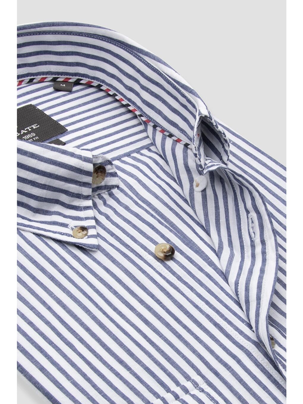 Alba Keten Pamuk Keten Karışımlı Comfort Fit Lacivert Düğmeli Yaka Erkek Çizgili Gömlek-5