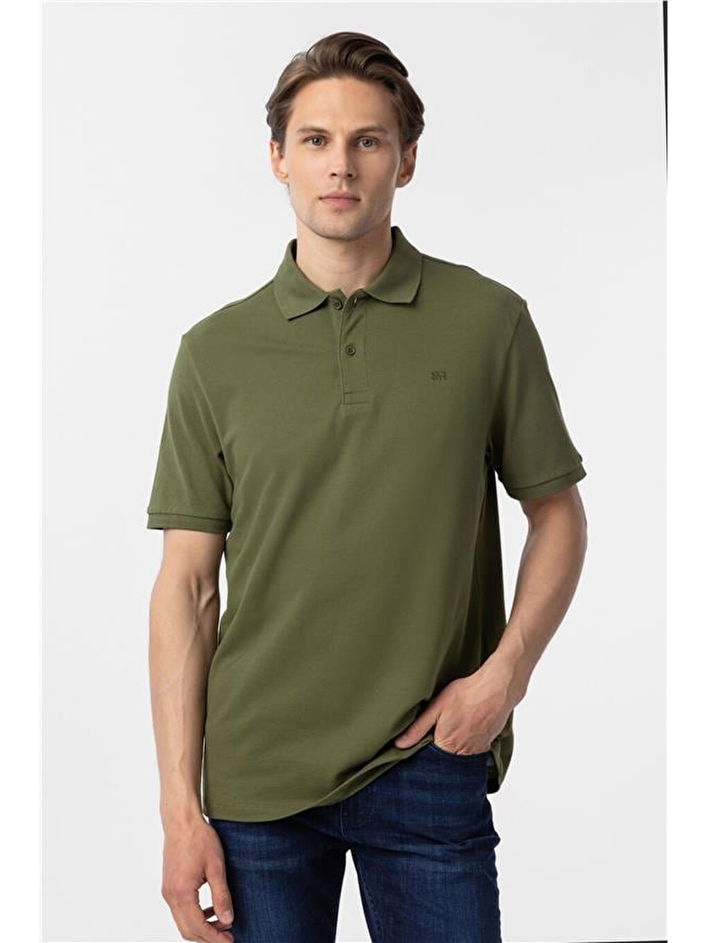 Haki Regular Düz Polo Yaka Tişört-1
