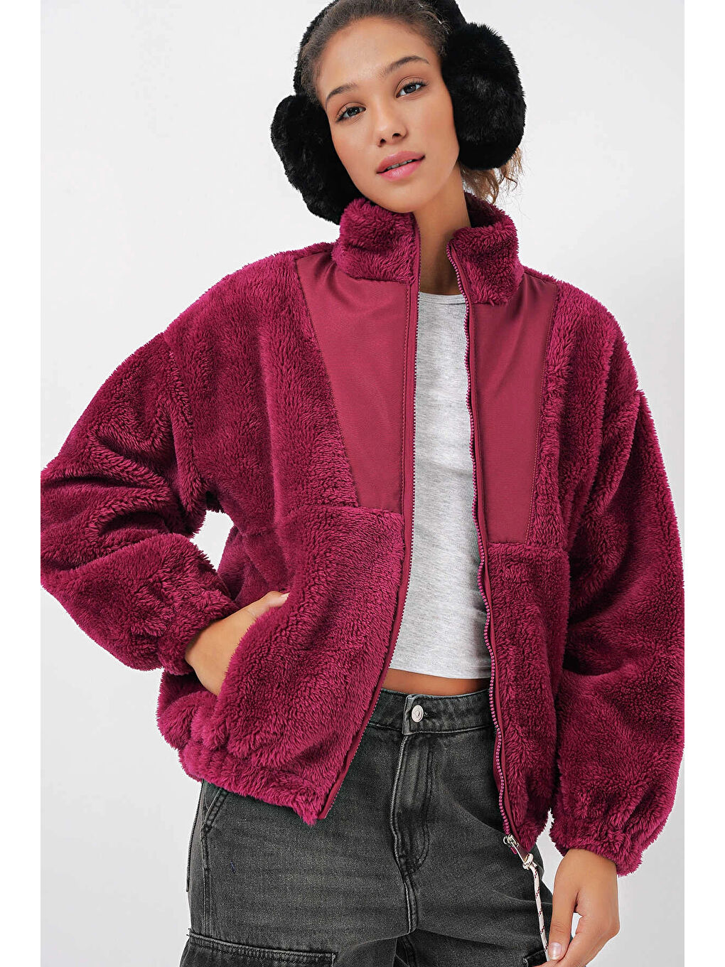 Kadın Bordo Baskılı Fermuarlı Suni Yünlü Astarlı Pelüş Ceket HZL25W BD151941-4