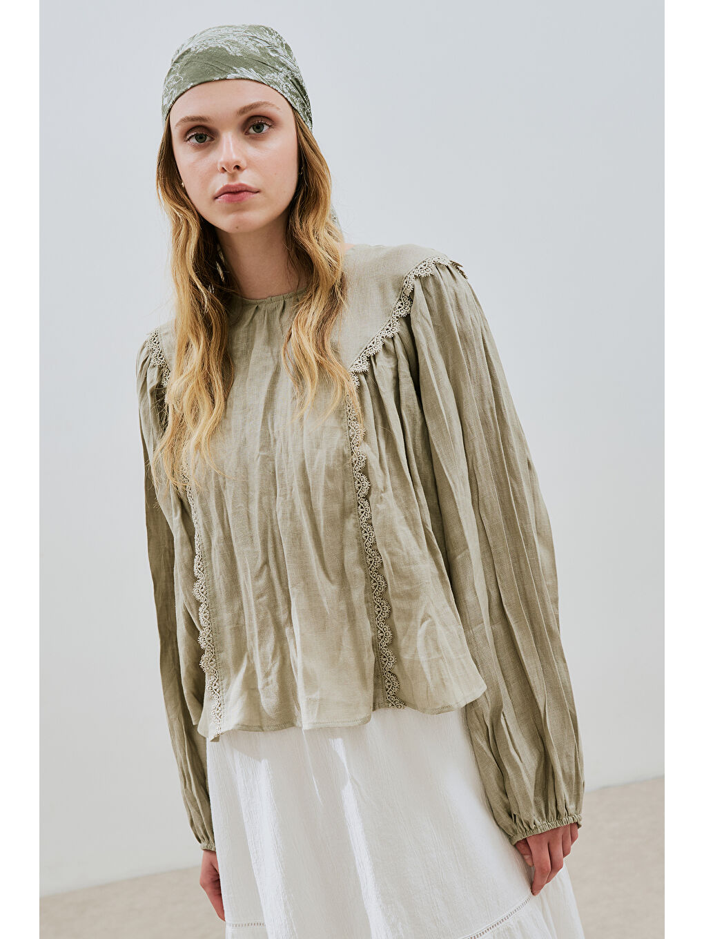 Keten Crush Efektli Bluz Yeşil-1