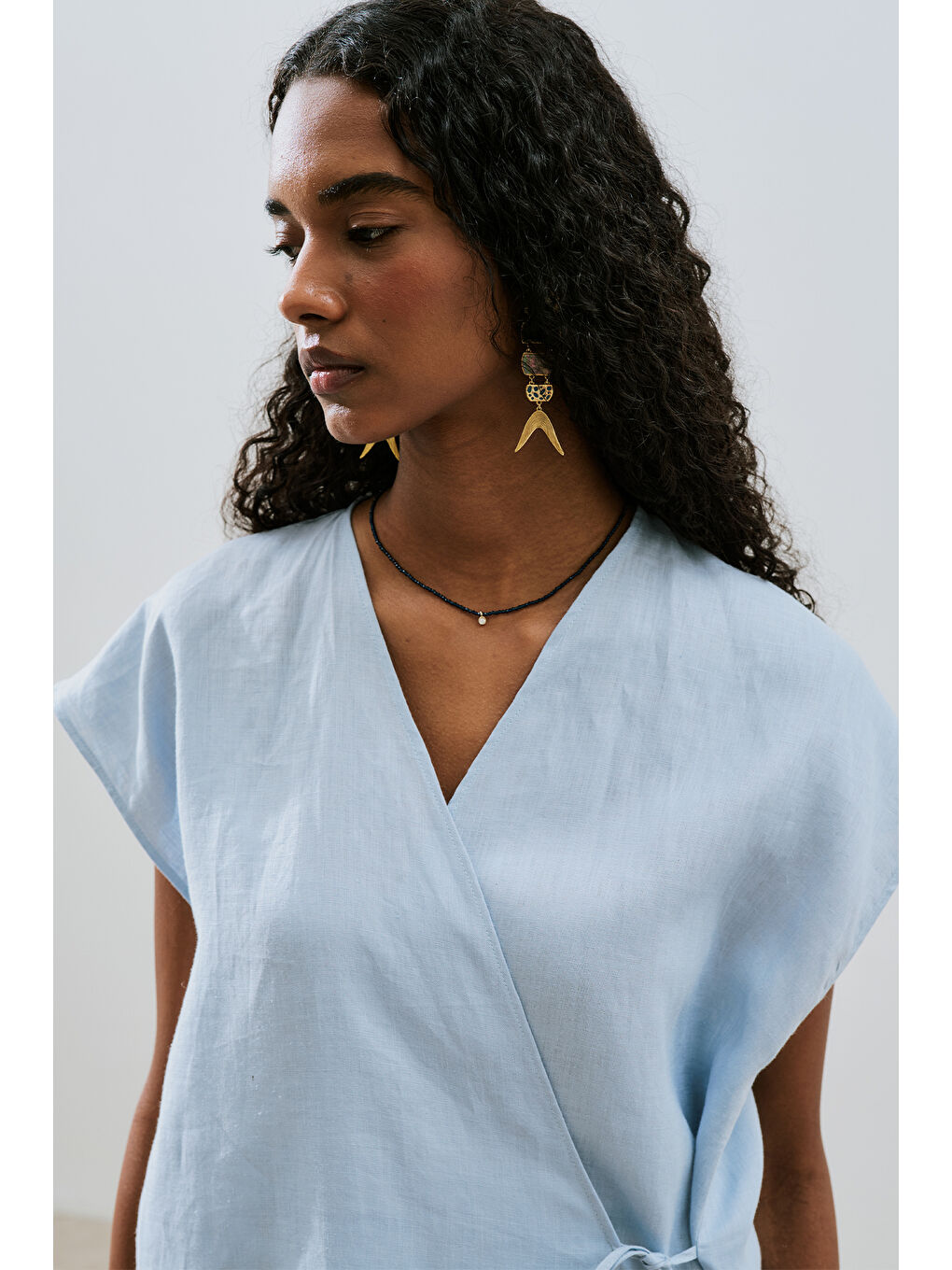 Keten Kolsuz Bluz Mavi-5