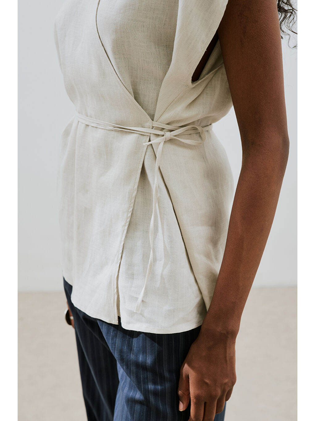 Bej Keten Kolsuz Bluz Taş-4