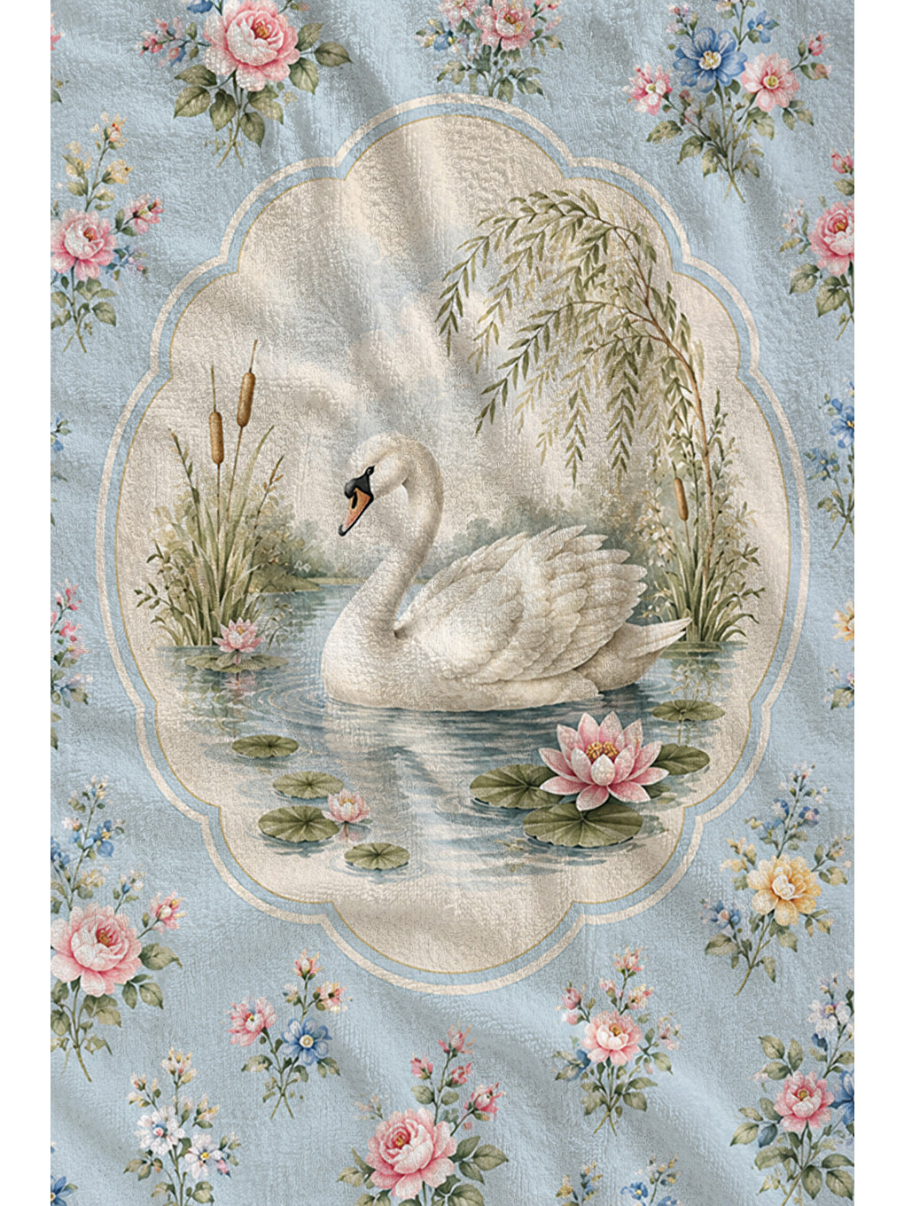 Pembe Romantik Kuğu Çiçekli Madalyon Desenli 70x150 Plaj Havlusu - Dijital Baskılı Banyo Havlusu-1