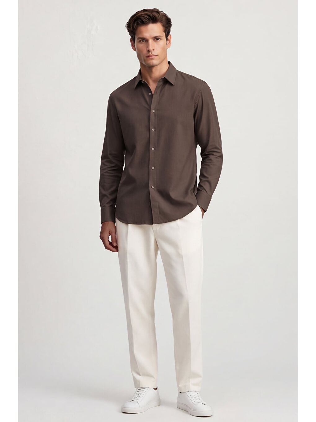 Kahverengi Erkek Kahve Normal Kesim Regular Fit %100 Pamuk Gabardin Uzun Kollu Klasik Yaka Gömlek-1