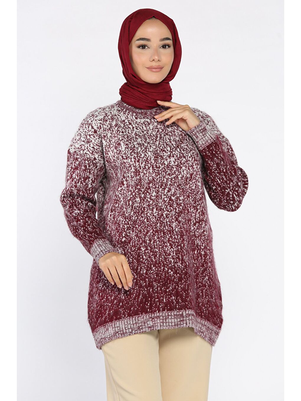 Bordo Bisiklet Yaka Çift Renkli Tesettür Triko Tunik (s-m-l-xl Beden Uyumludur.)