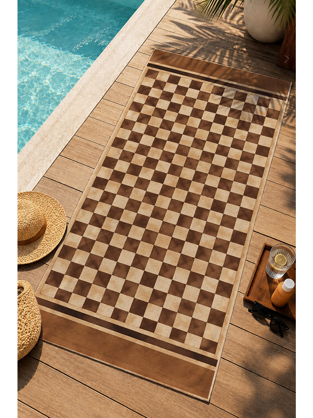 Kahverengi Retro Kahve Krem Damalı Kareli Desenli 70x150 Plaj Havlusu - Dijital Baskılı Solmaz Banyo Havlusu-3