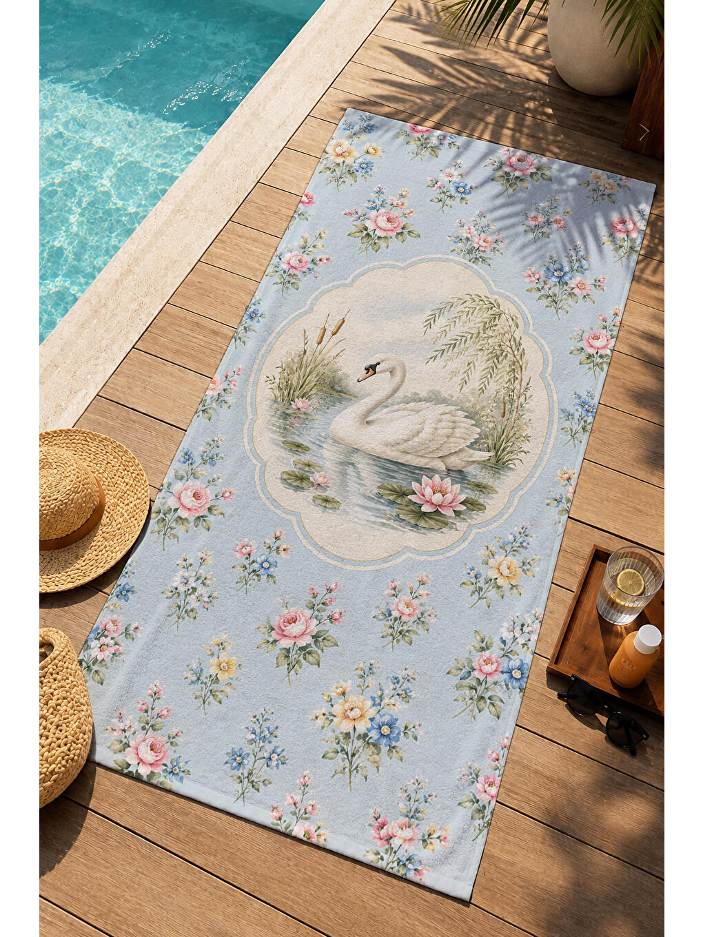 Pembe Romantik Kuğu Çiçekli Madalyon Desenli 70x150 Plaj Havlusu - Dijital Baskılı Banyo Havlusu-2