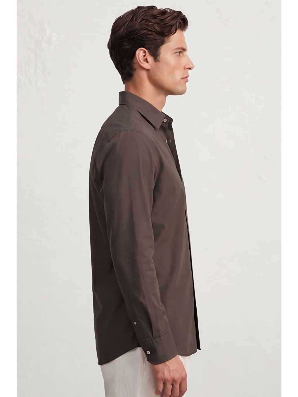 Kahverengi Erkek Kahve Normal Kesim Regular Fit %100 Pamuk Gabardin Uzun Kollu Klasik Yaka Gömlek-2