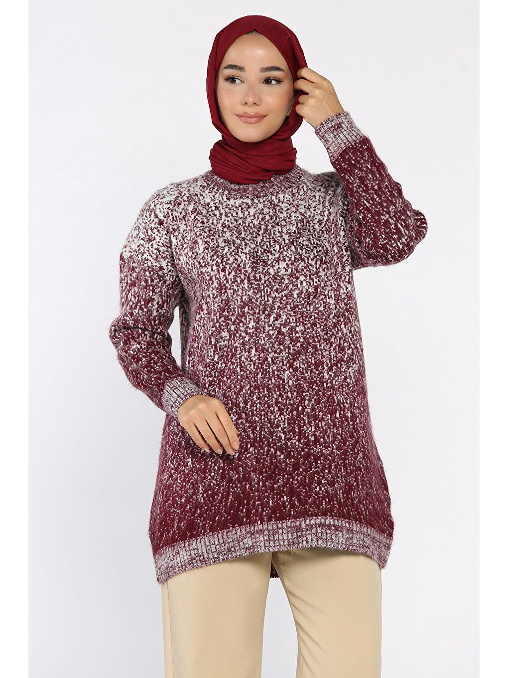 Bordo Bisiklet Yaka Çift Renkli Tesettür Triko Tunik (s-m-l-xl Beden Uyumludur.)-2