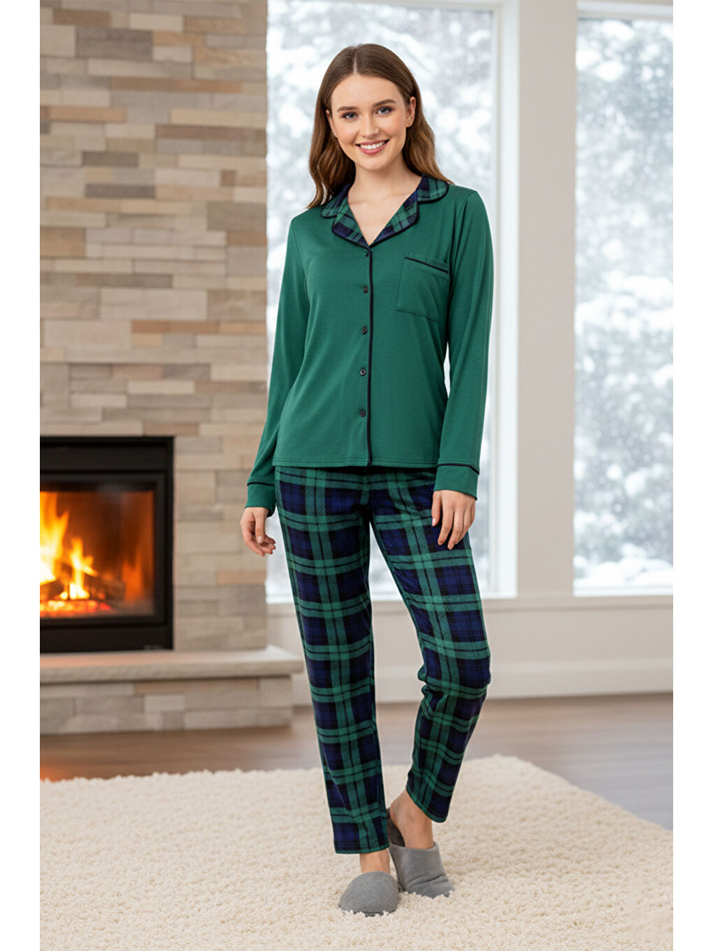 Kadın Ekose Desenli Önü Düğmeli Yumuşak Milan Kumaş Pijama Takımı 250386 Zümrüt Yeşil-3