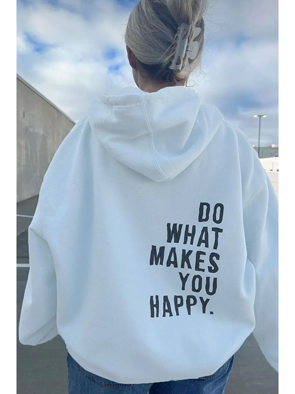 uyguntarz Beyaz Do What Baskılı Oversize Sweatshirt