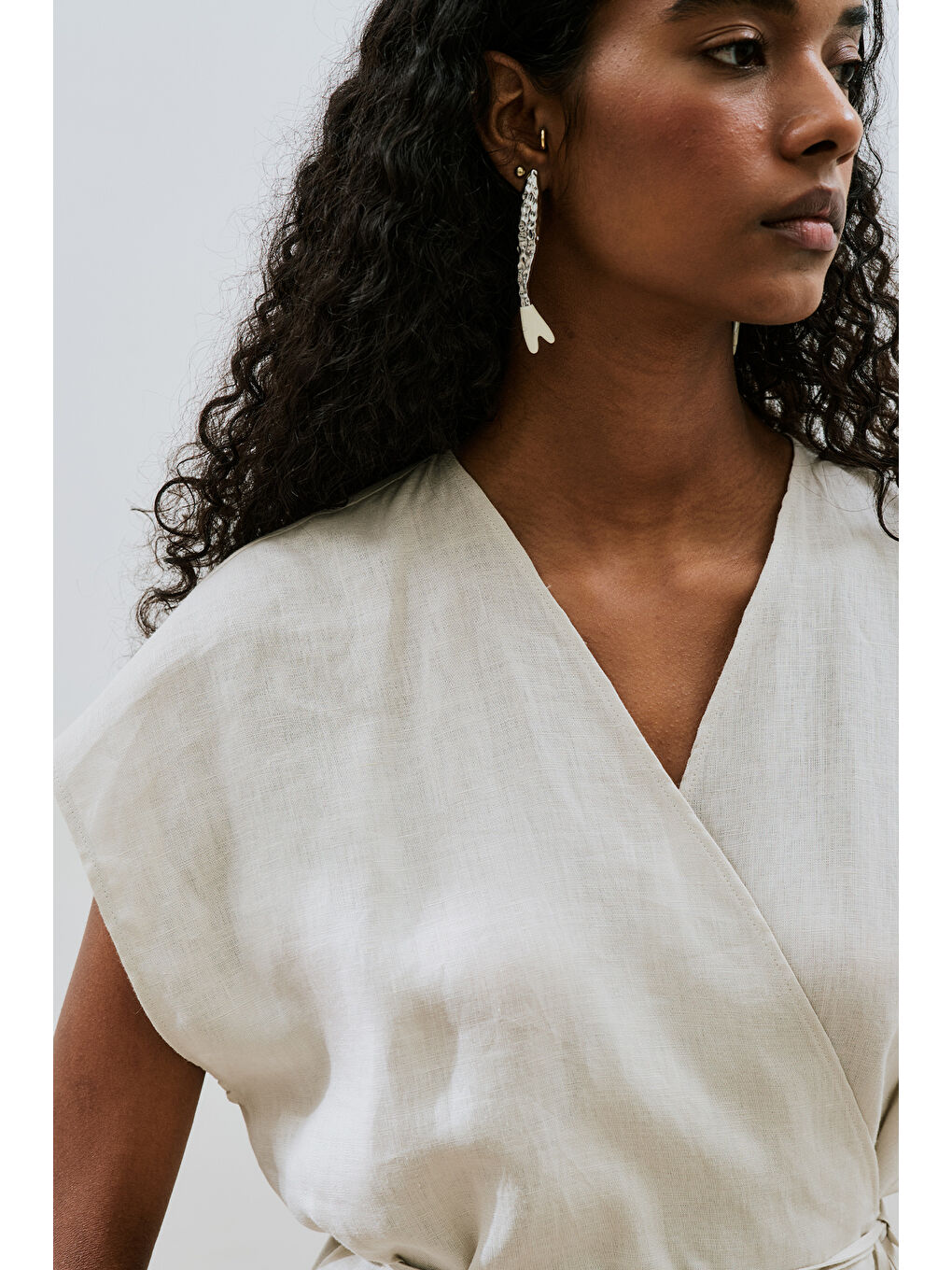 Bej Keten Kolsuz Bluz Taş-5