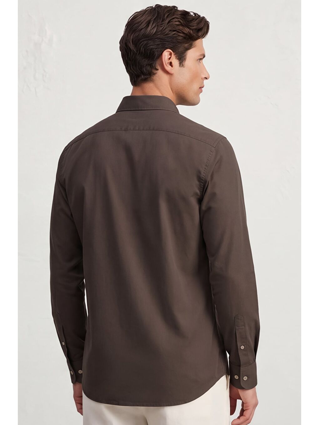 Kahverengi Erkek Kahve Normal Kesim Regular Fit %100 Pamuk Gabardin Uzun Kollu Klasik Yaka Gömlek-3