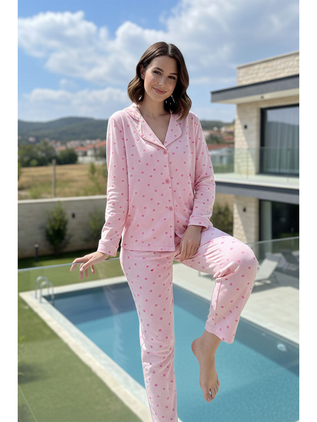 Kadın Kalp Desenli Suprem Pijama Takımı 0001 Pembe12-3