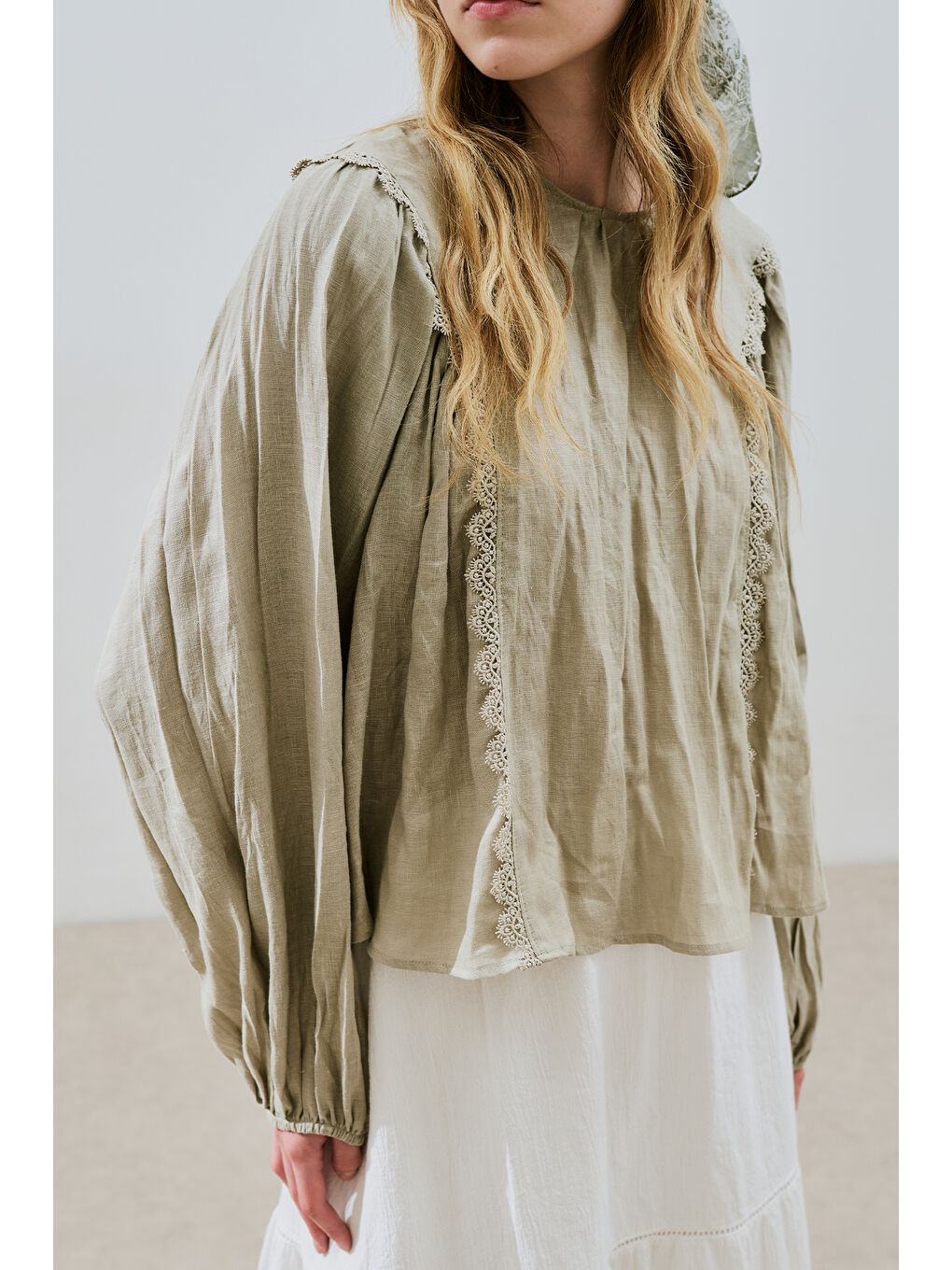 Keten Crush Efektli Bluz Yeşil-2