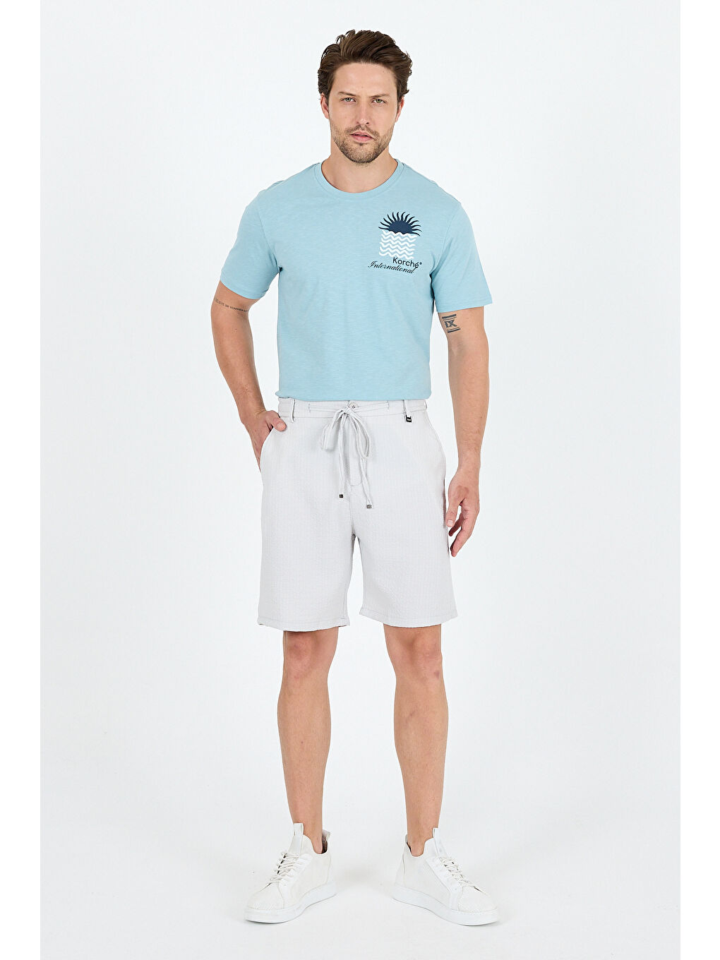 Bej Erkek Çizgili Cepli Yazlık Şort - Rahat Kalıp Spor ve Günlük Kullanıma Uygun Şort 2314