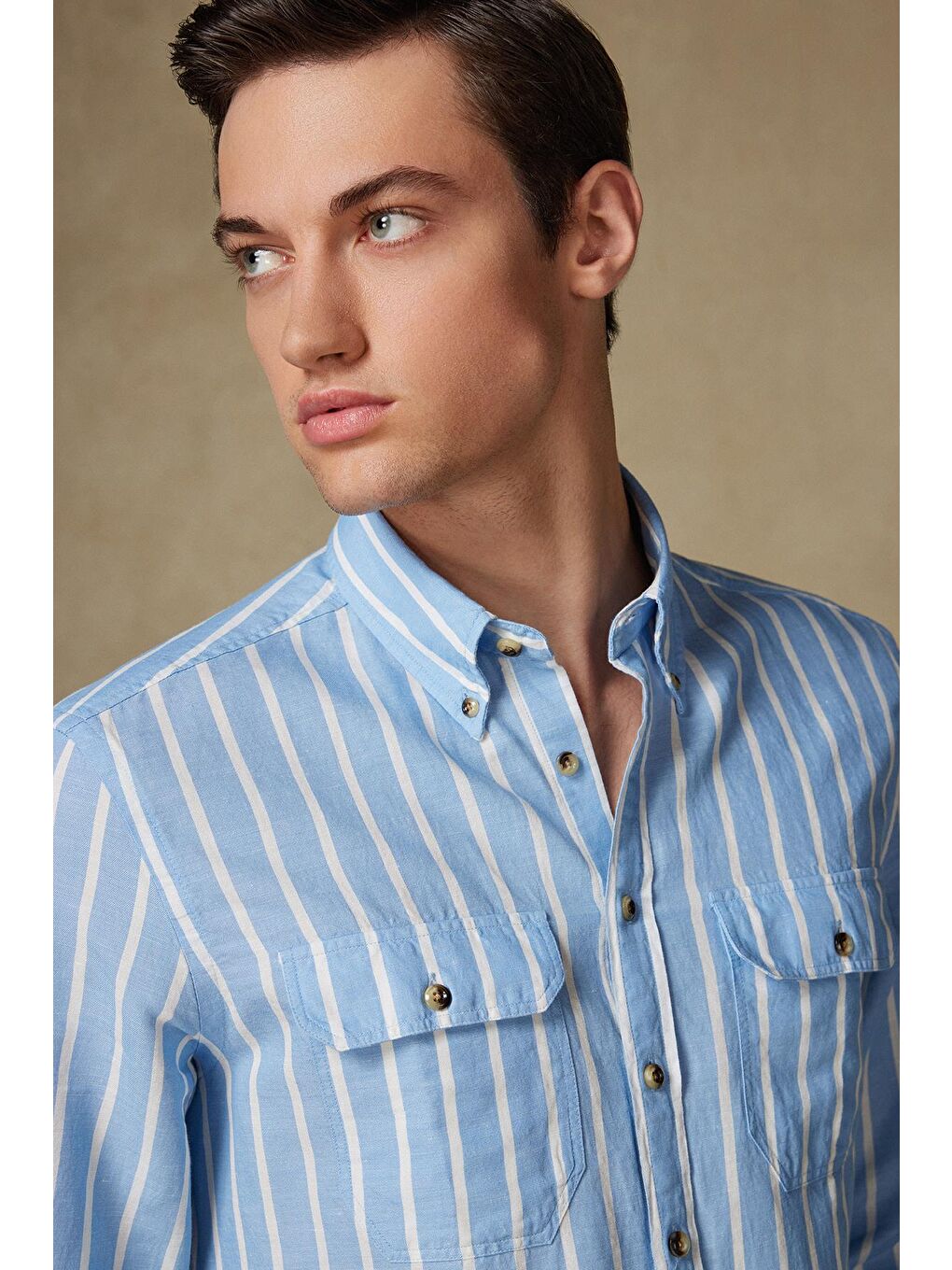 Alba Keten Pamuk Keten Karışımlı Comfort Fit Koyu Mavi Düğmeli Yaka Erkek Çizgili Gömlek-2