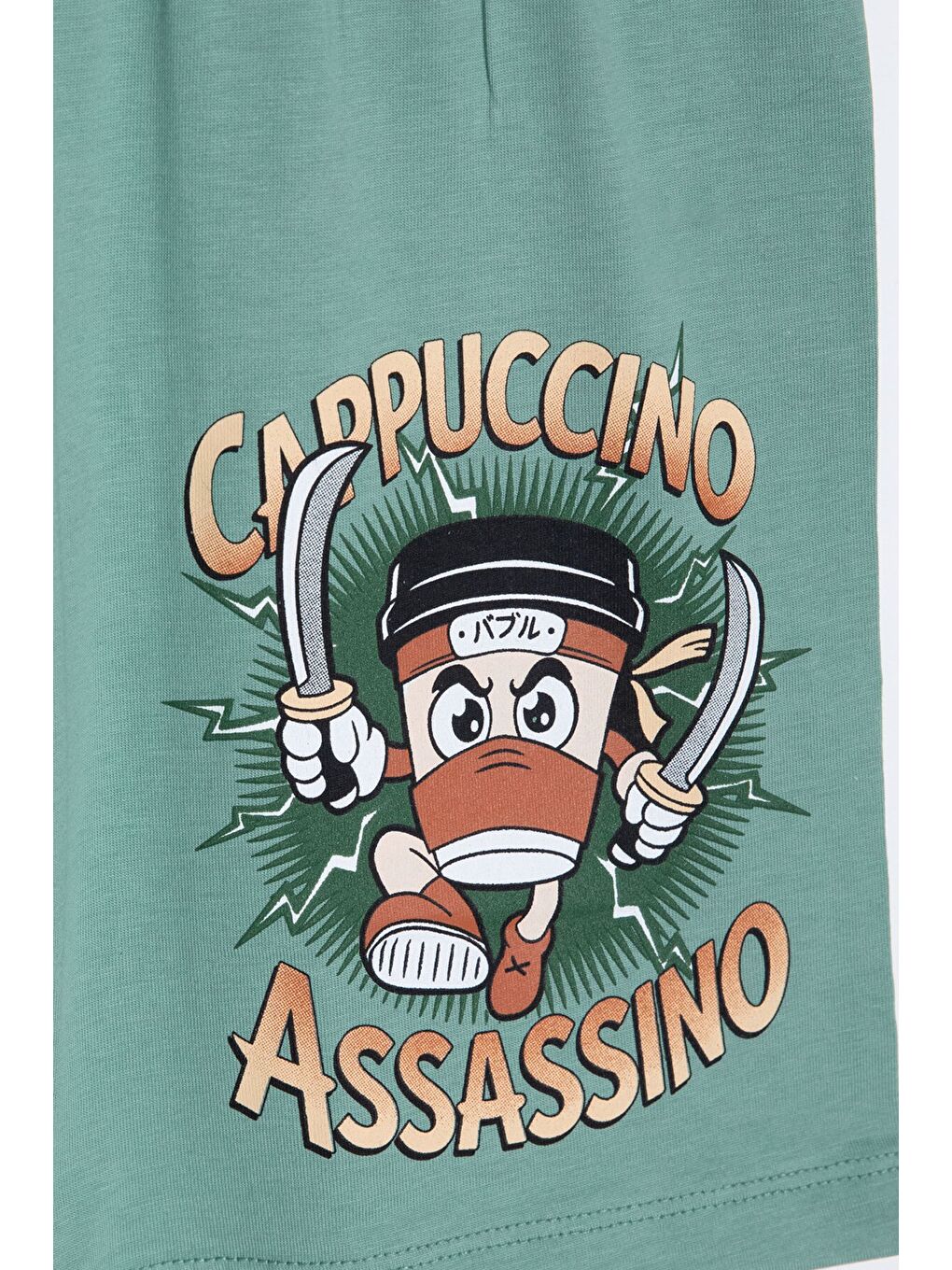 Yeşil Karakter Baskılı Bisiklet Yaka Tişörtlü Erkek Çocuk Şortlu Takım 23841-4