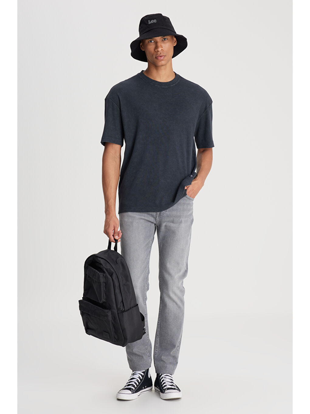 Loose Fit Rahat Kesim Bisiklet Yaka Antrasit Tişört-2