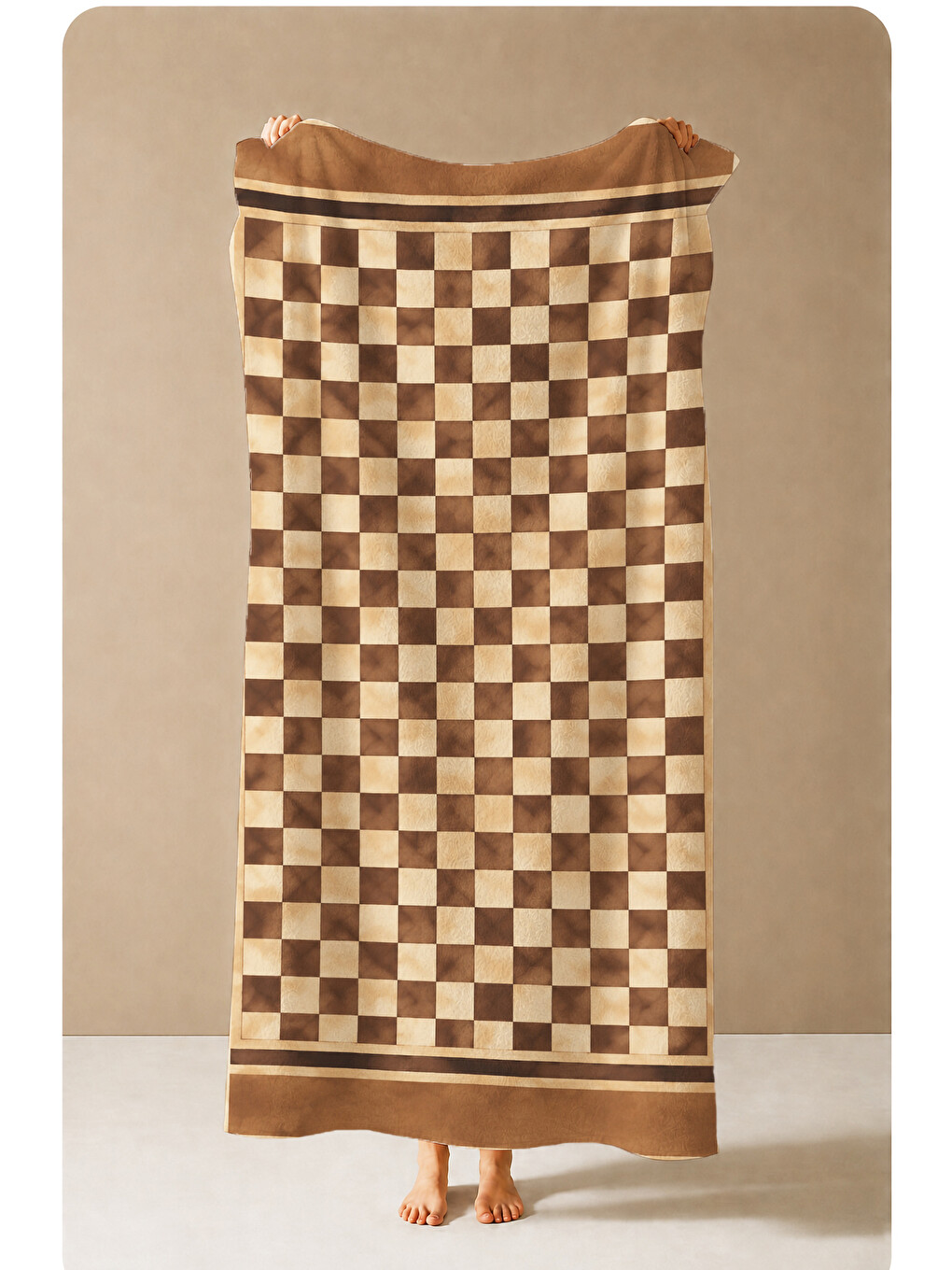 Kahverengi Retro Kahve Krem Damalı Kareli Desenli 70x150 Plaj Havlusu - Dijital Baskılı Solmaz Banyo Havlusu-4
