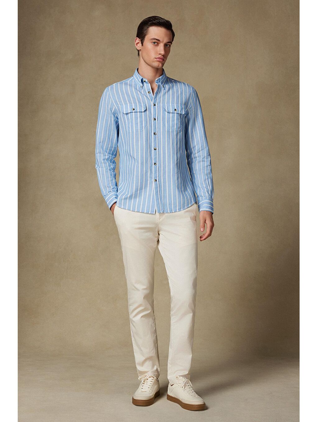 Alba Keten Pamuk Keten Karışımlı Comfort Fit Koyu Mavi Düğmeli Yaka Erkek Çizgili Gömlek-3