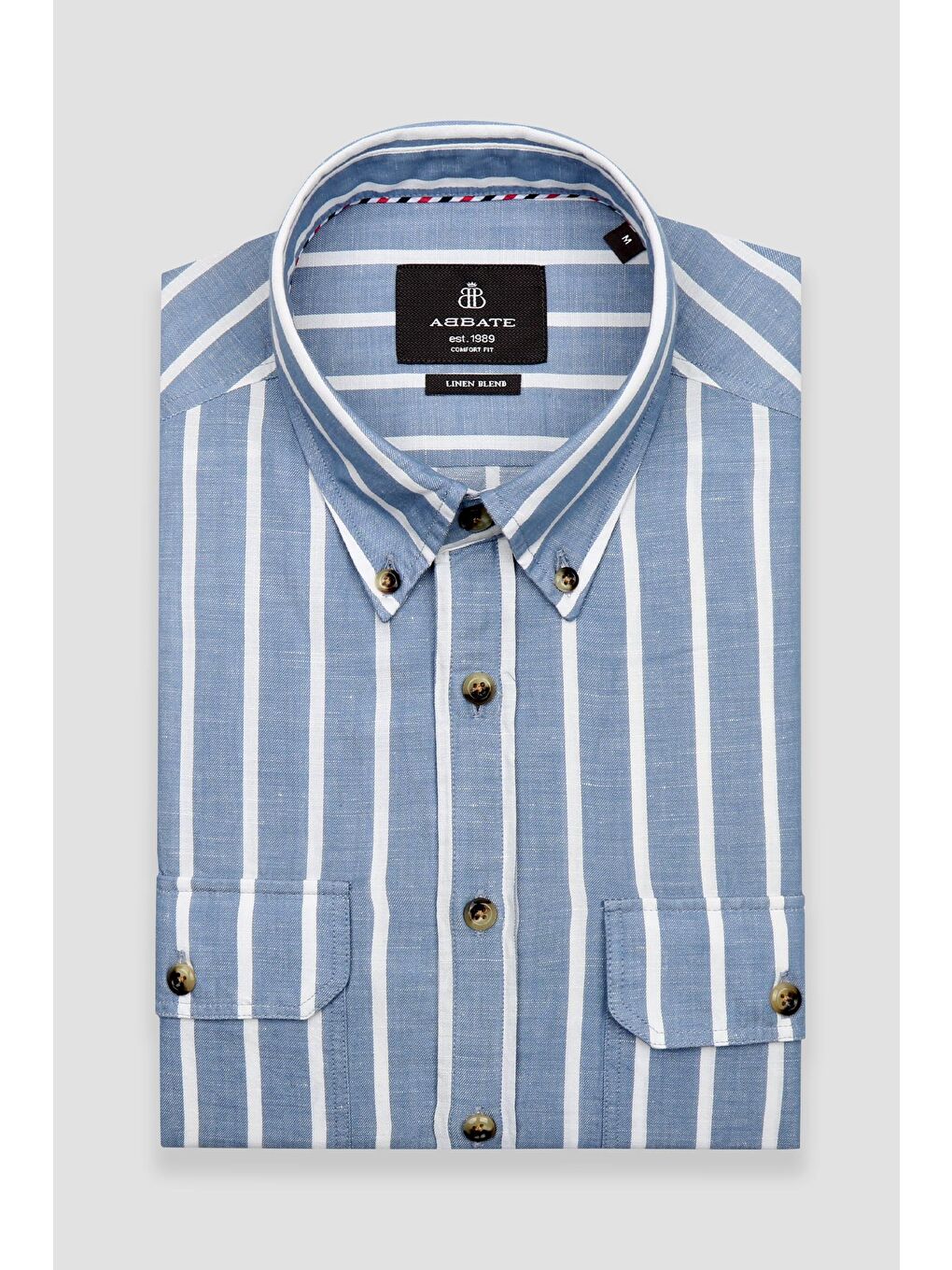 Alba Keten Pamuk Keten Karışımlı Comfort Fit Koyu Mavi Düğmeli Yaka Erkek Çizgili Gömlek-4