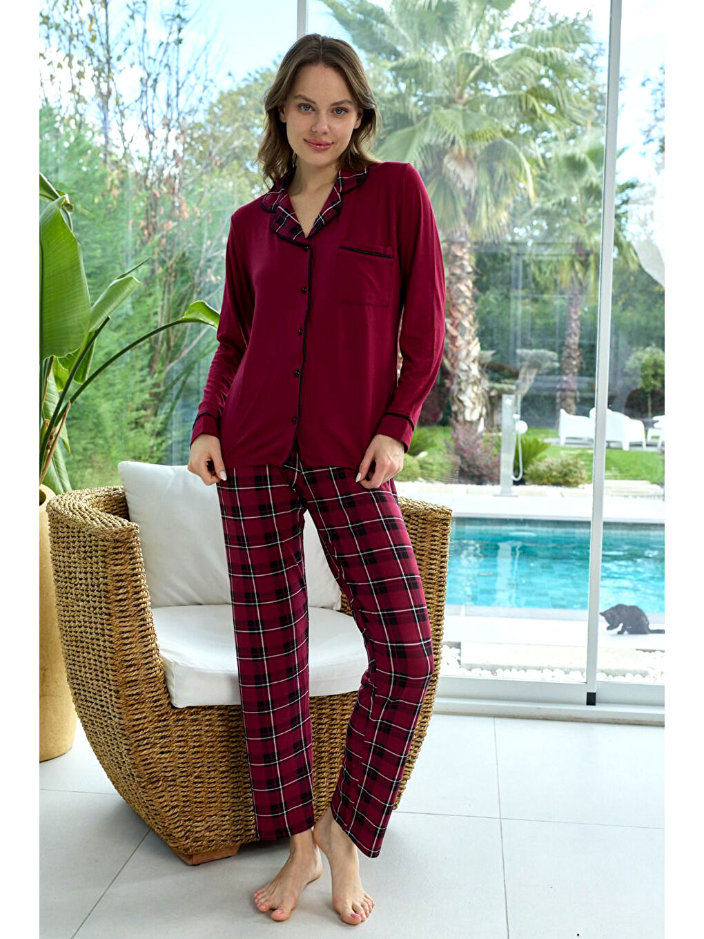 Kadın Ekose Desenli Önü Düğmeli Yumuşak Milan Kumaş Pijama Takımı 250355 Mürdüm-2