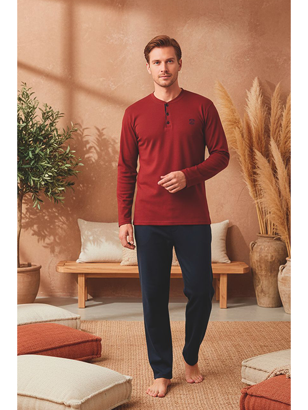 Erkek Patlı Yaka Kareli Pamuklu Pijama Takımı | Bordo