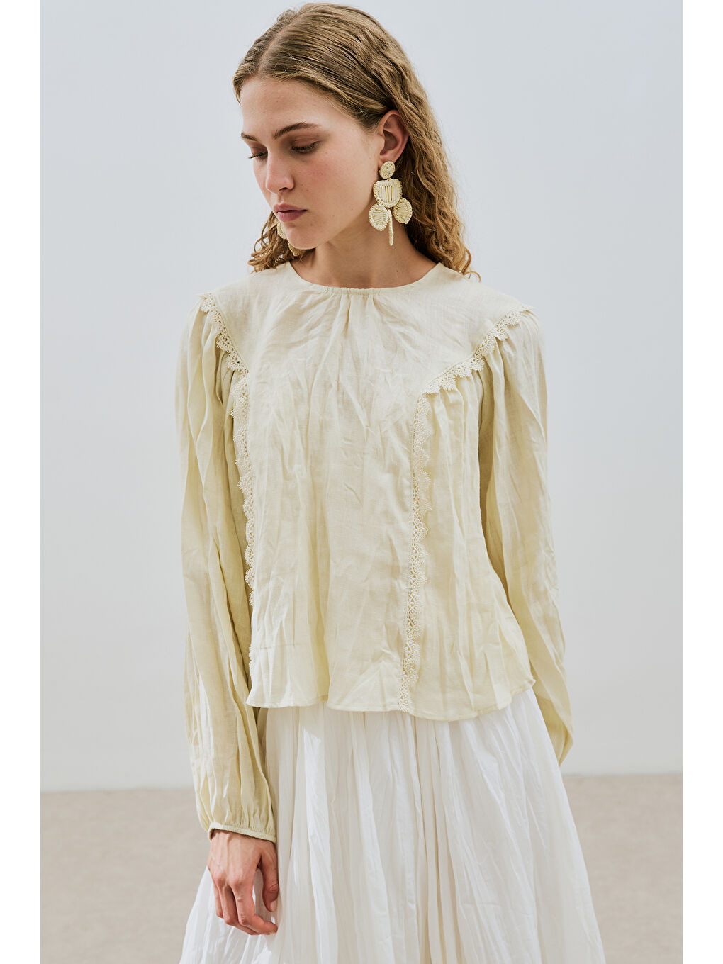 Keten Crush Efektli Bluz Sarı-4