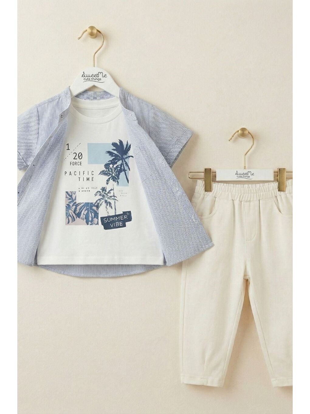 Mavi Erkek Çocuk Çizgili Gömlek Ve Baskılı Tişörtlü 3'Lü Pantolonlu Takım-1
