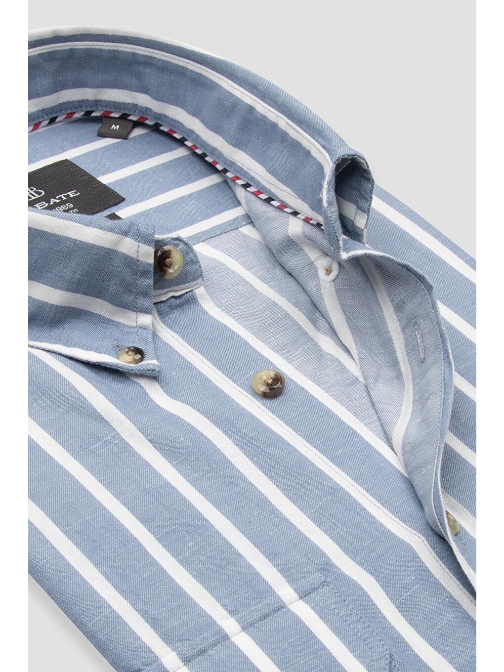 Alba Keten Pamuk Keten Karışımlı Comfort Fit Koyu Mavi Düğmeli Yaka Erkek Çizgili Gömlek-5