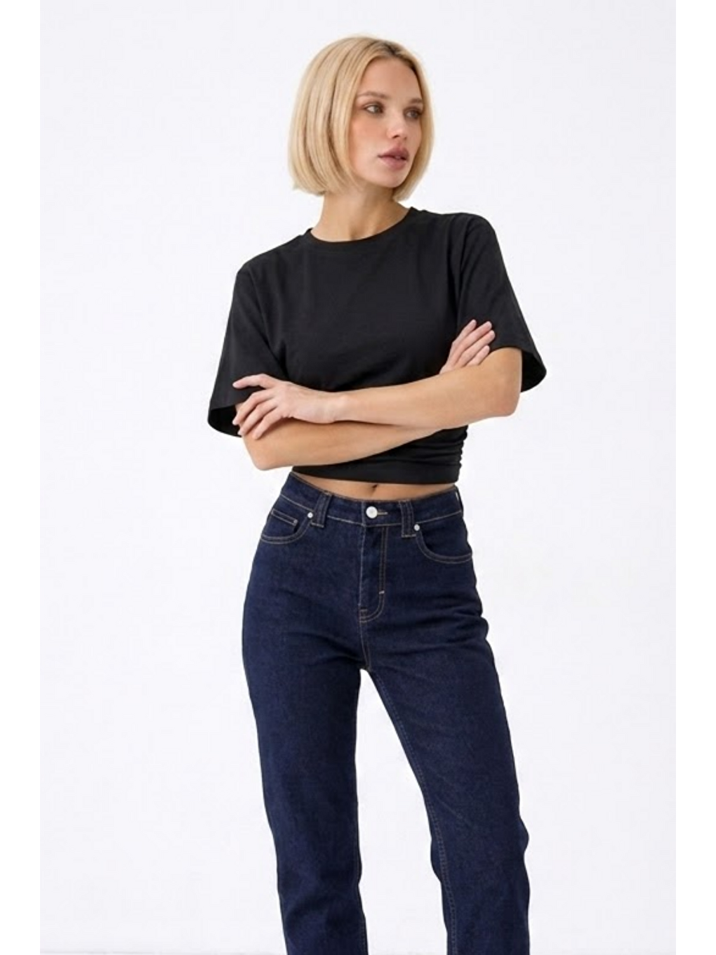 Kadın Fashion Slim Fit Siyah Crop Tişört-1