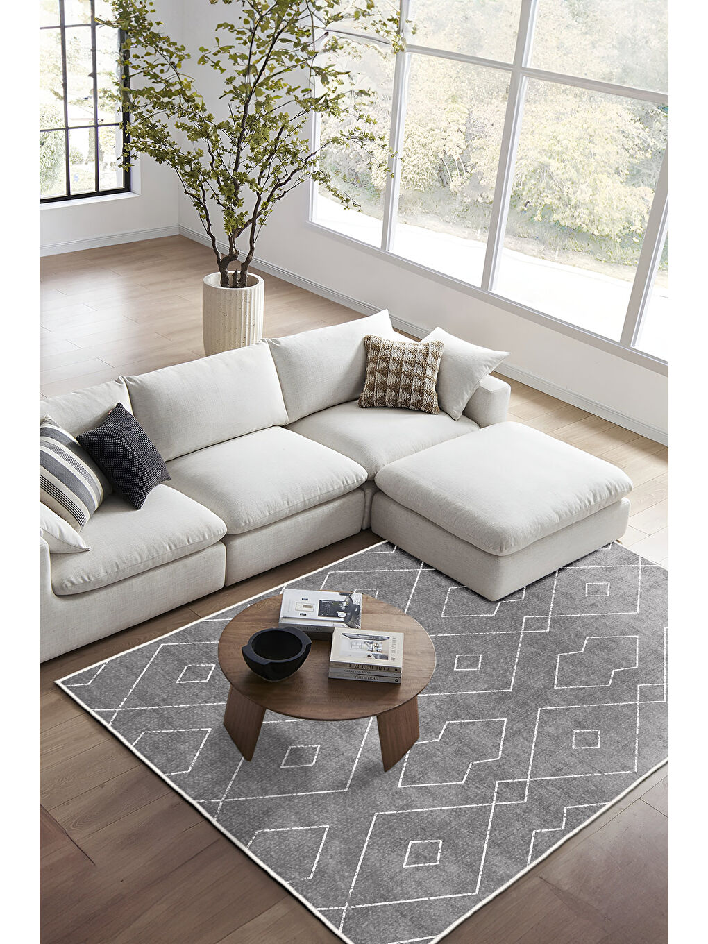 Gri Dekoratif Özel Tasarım Yıkanabilir İnce Kaymaz Tabanlı Modern Halı KECE FR21-1