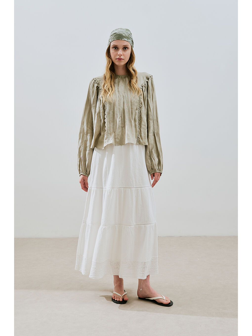 Keten Crush Efektli Bluz Yeşil-3