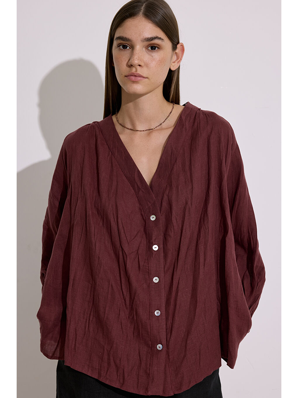 Mürdüm Keten Crush Düğmeli Bluz Erik Çürüğü-1