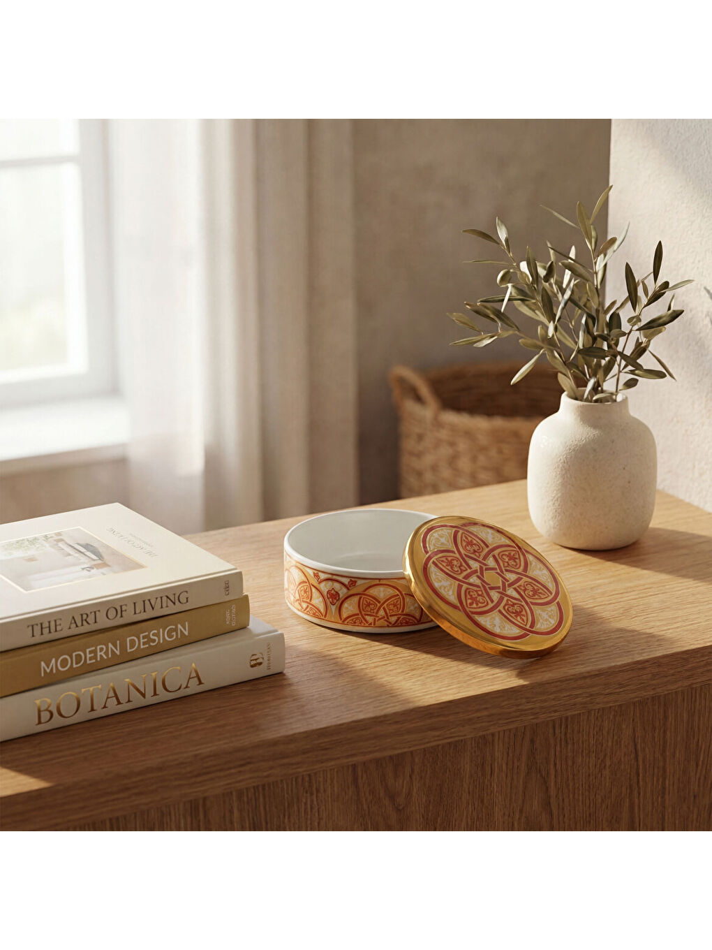 Ekru Özel Tasarım El Dekoru Altın Yaldızlı Kapaklı Porselen Mumluk & Dekoratif Kutu 12 Cm-2