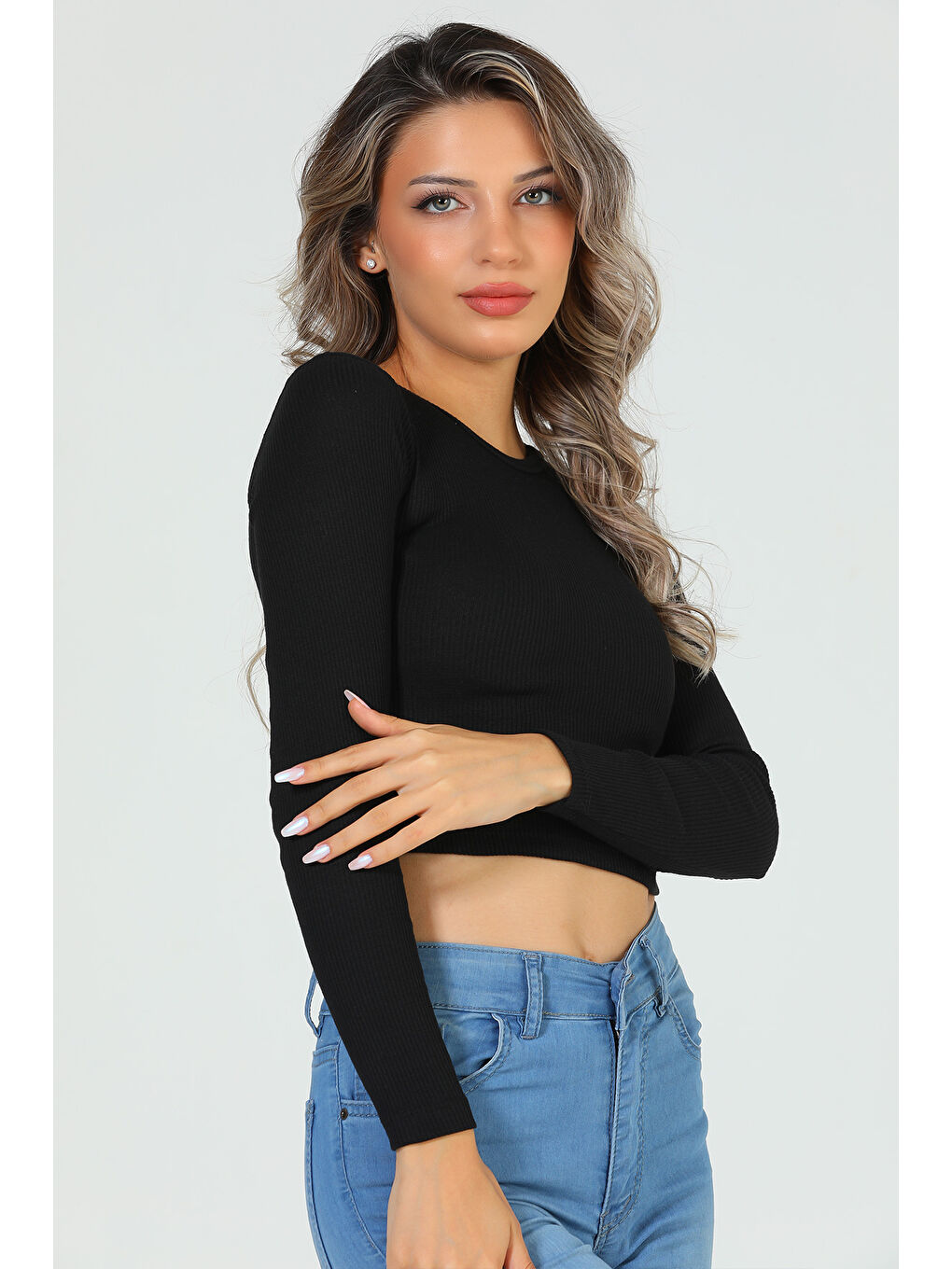 GÜLSELİ Siyah Kadın Bisiklet Yaka Kaşkorse Crop Body Bluz