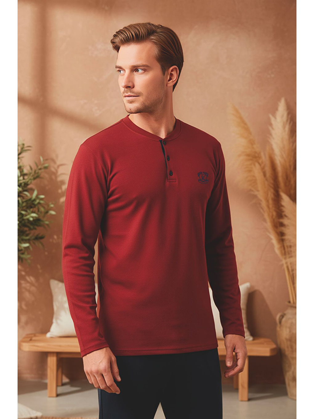 Erkek Patlı Yaka Kareli Pamuklu Pijama Takımı | Bordo-1