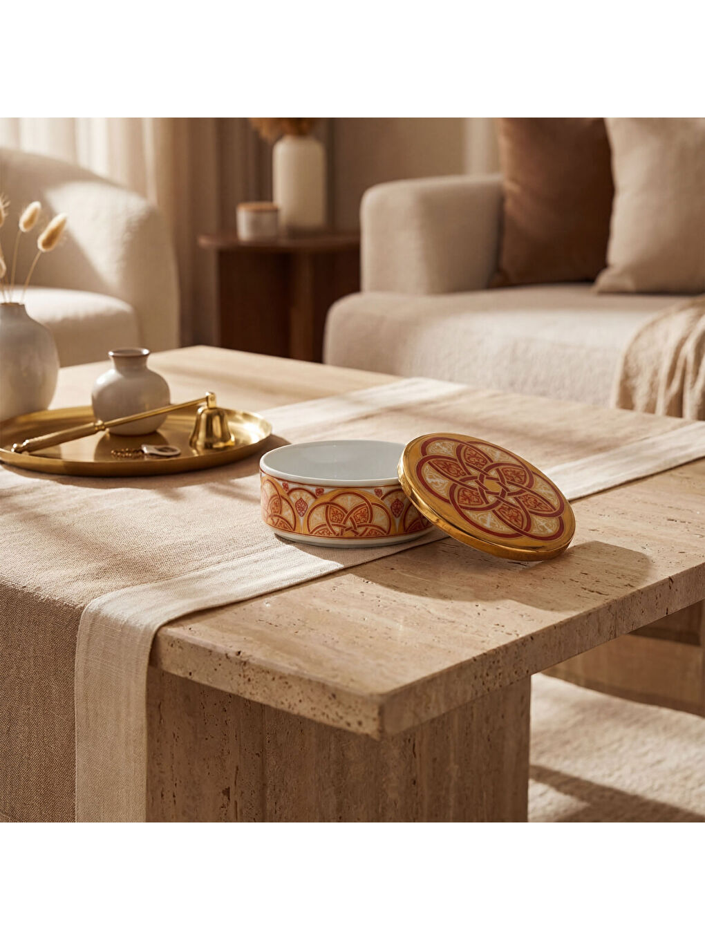 Ekru Özel Tasarım El Dekoru Altın Yaldızlı Kapaklı Porselen Mumluk & Dekoratif Kutu 12 Cm-4