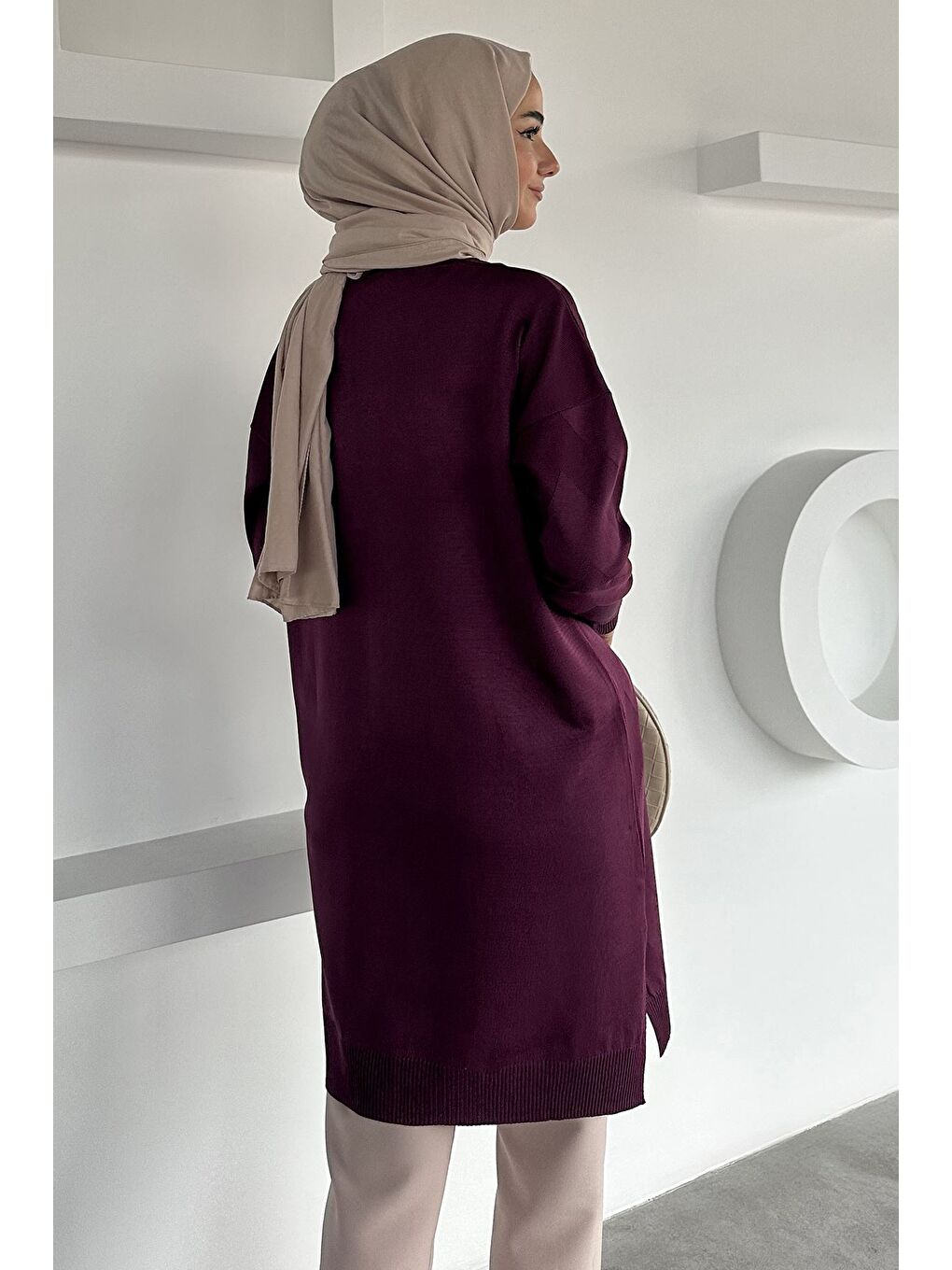 Mürdüm Ön Düğmeli Desenli Tesettür Triko Hırka (m-l-xl Uyumludur)-5