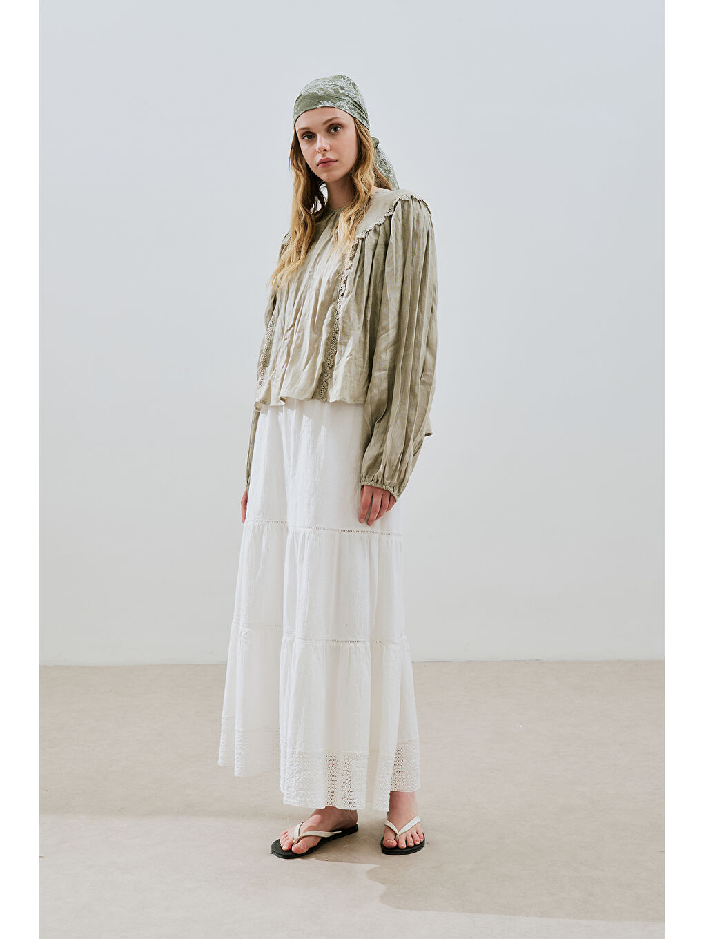 Keten Crush Efektli Bluz Yeşil-4