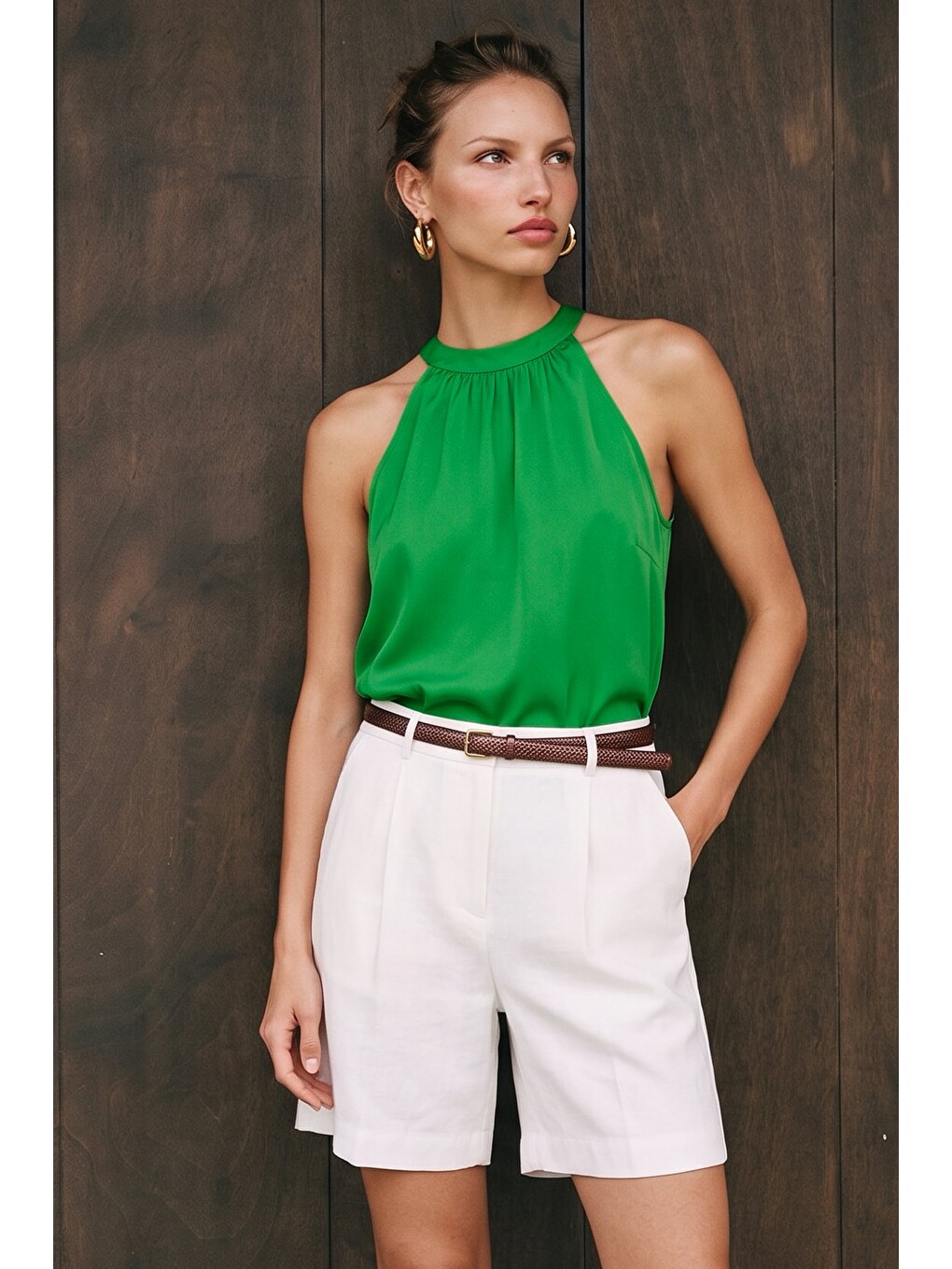 Halter Yaka Bluz - Yeşil-1